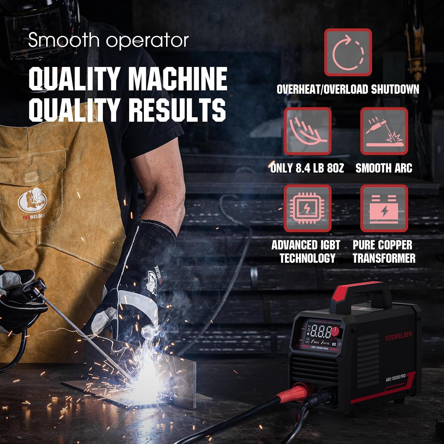 YESWELDER 205Amp Stick Welder Large LED Display with Lift TIG Torch